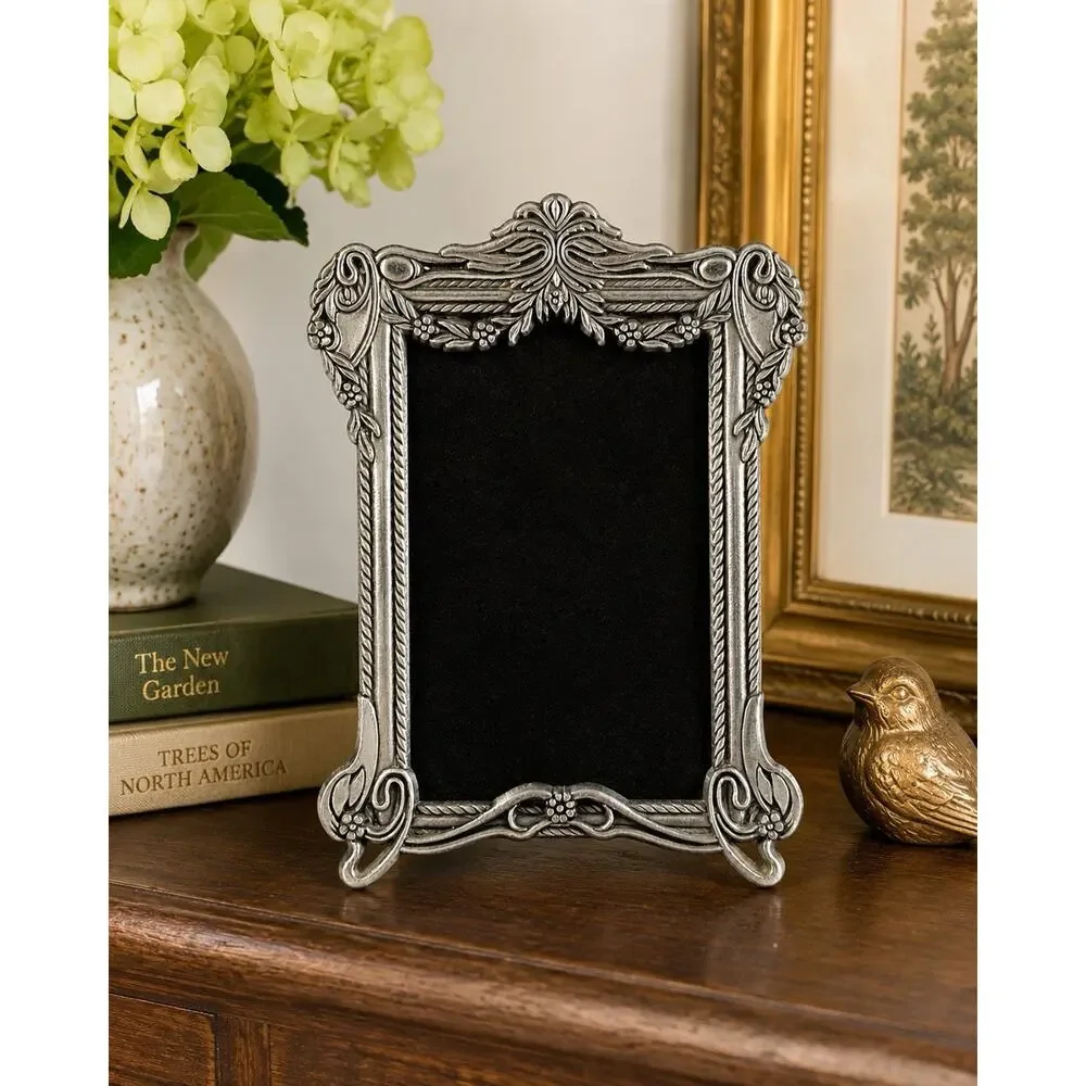 Vtg Ornate Silver Tone Picture Frame Floral Scroll Easel Back 5x6.5 Fits 3.5x5
